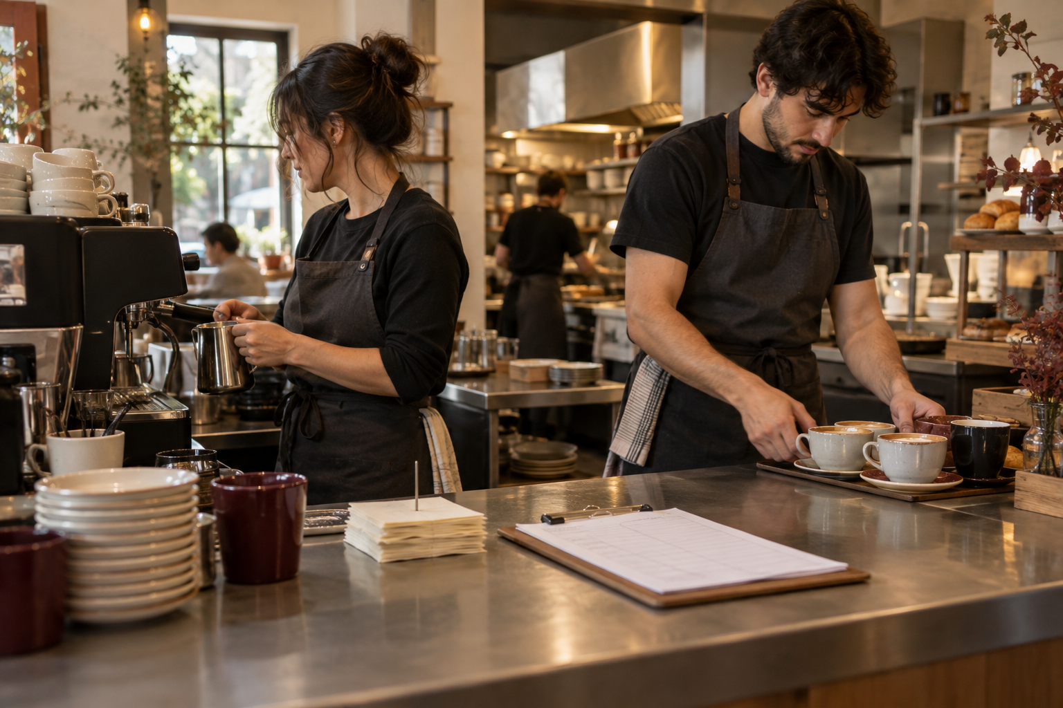 Illustrative café team preparing coffee orders and checking service readiness
