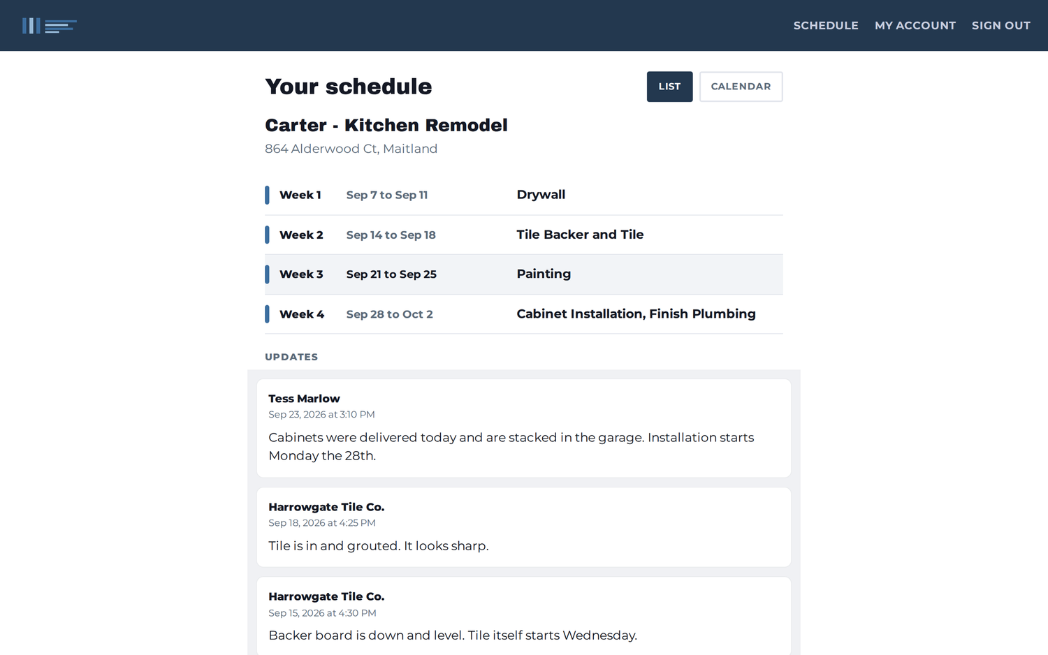 Homeowner schedule by week