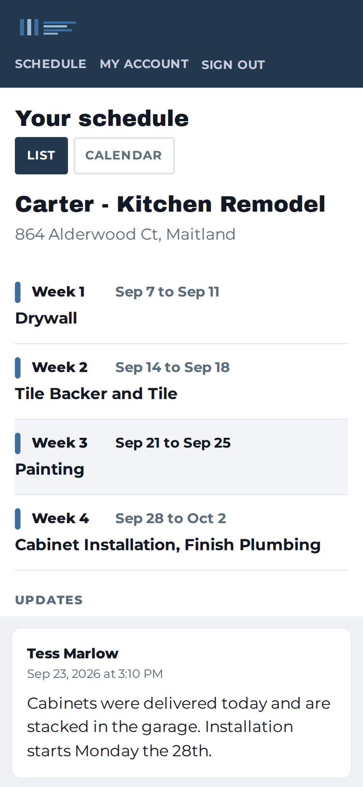 Homeowner view of a kitchen remodel schedule on a phone