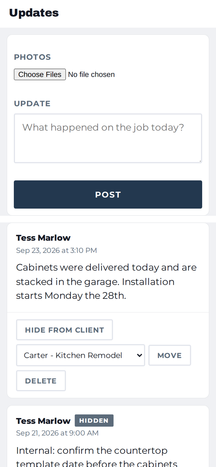 Job updates posted by a sub and a crew member