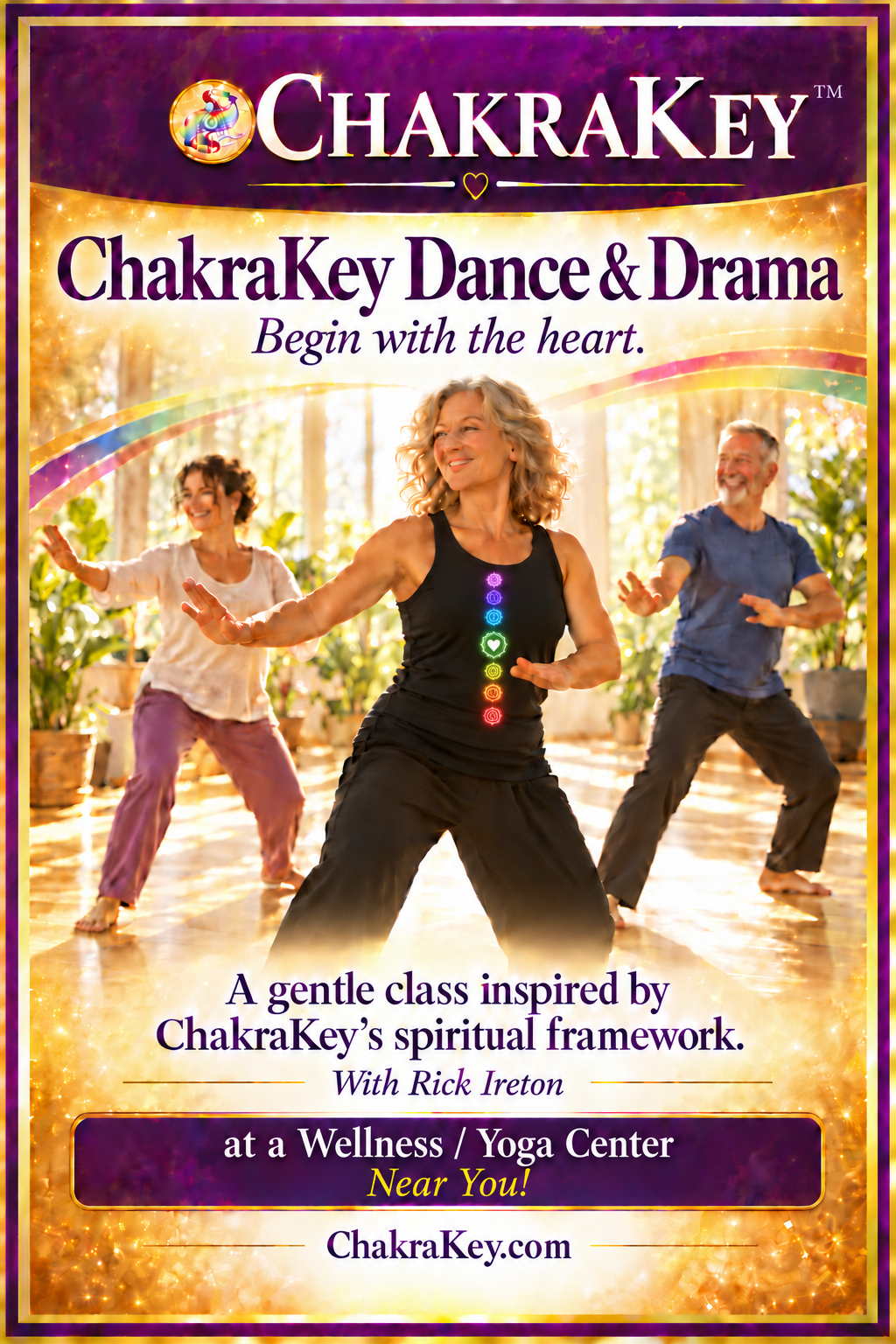 ChakraKey Dance and Drama poster showing adults enjoying gentle expressive movement in a bright studio. The central woman’s shirt has seven colored chakra symbols with a prominent green heart.
