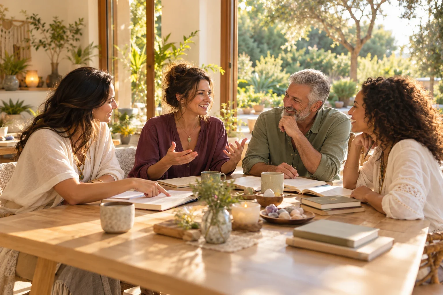 Illustration of adults studying journals and sharing ideas in a warm, sunlit wellness studio