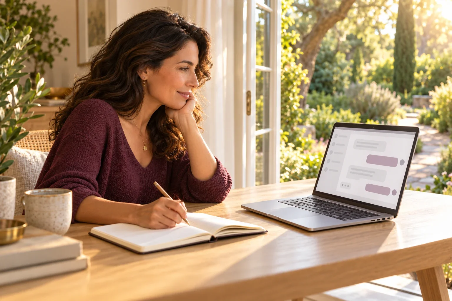 Illustration of a woman exploring ideas with a journal and an AI conversation on her laptop beside a garden window