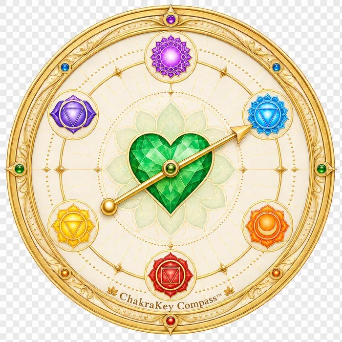 The supplied ChakraKey Compass, with a green heart at the center and the gold arrow pointing from Solar Plexus toward Throat