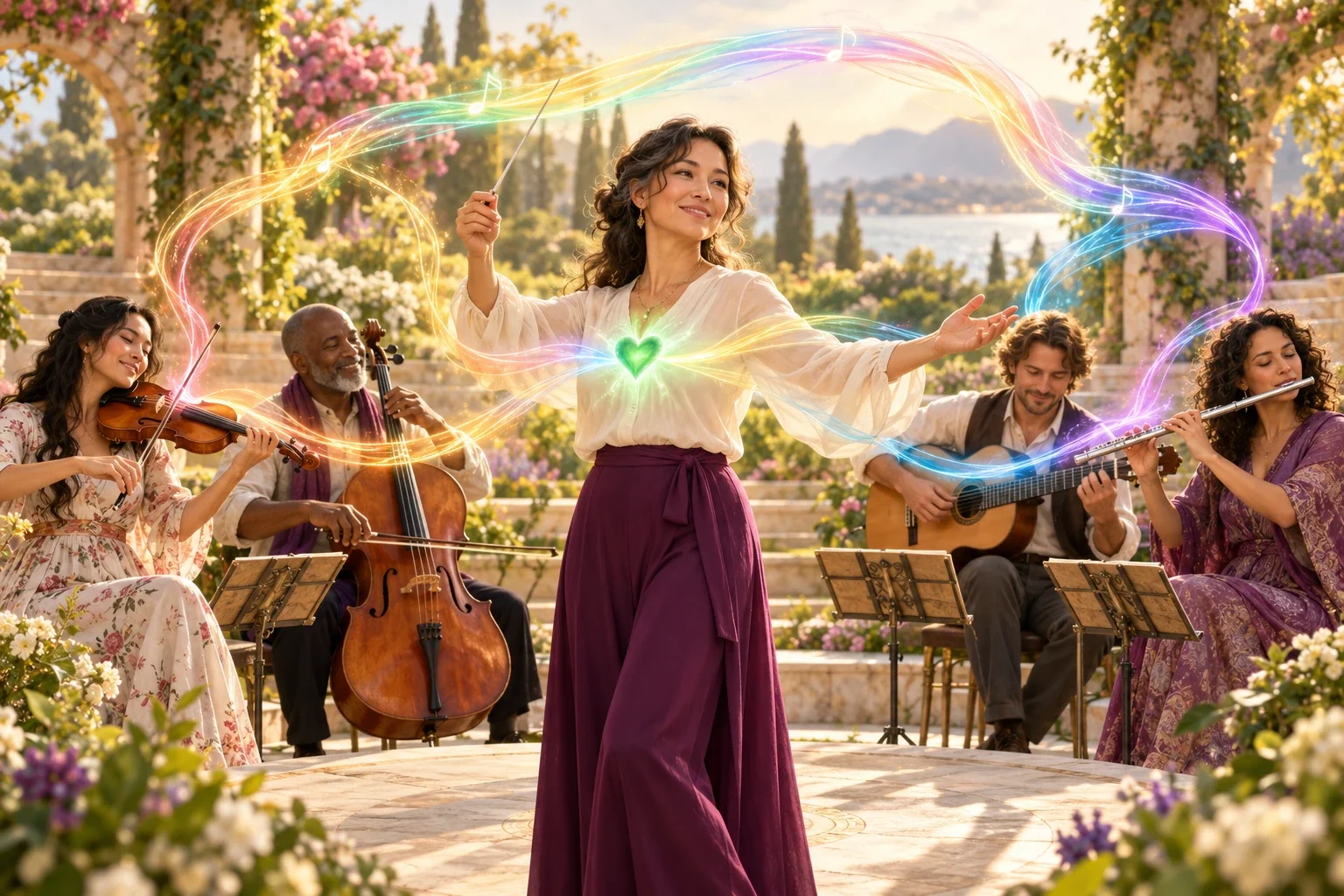 A woman with a luminous green heart conducts a diverse orchestra in a sunlit garden, with rainbow music flowing between them