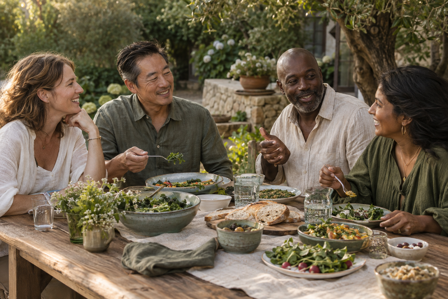 Friends sharing a meal and conversation in a garden