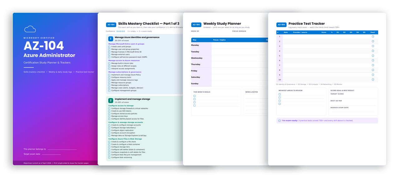 AZ-104 study planner pages: cover, skills mastery checklist, weekly study planner and practice test tracker