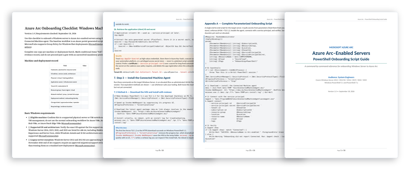 Azure Arc pack pages: Windows onboarding checklist, Connected Machine agent install steps, the complete parameterized onboarding script, and the PowerShell Onboarding Script Guide cover