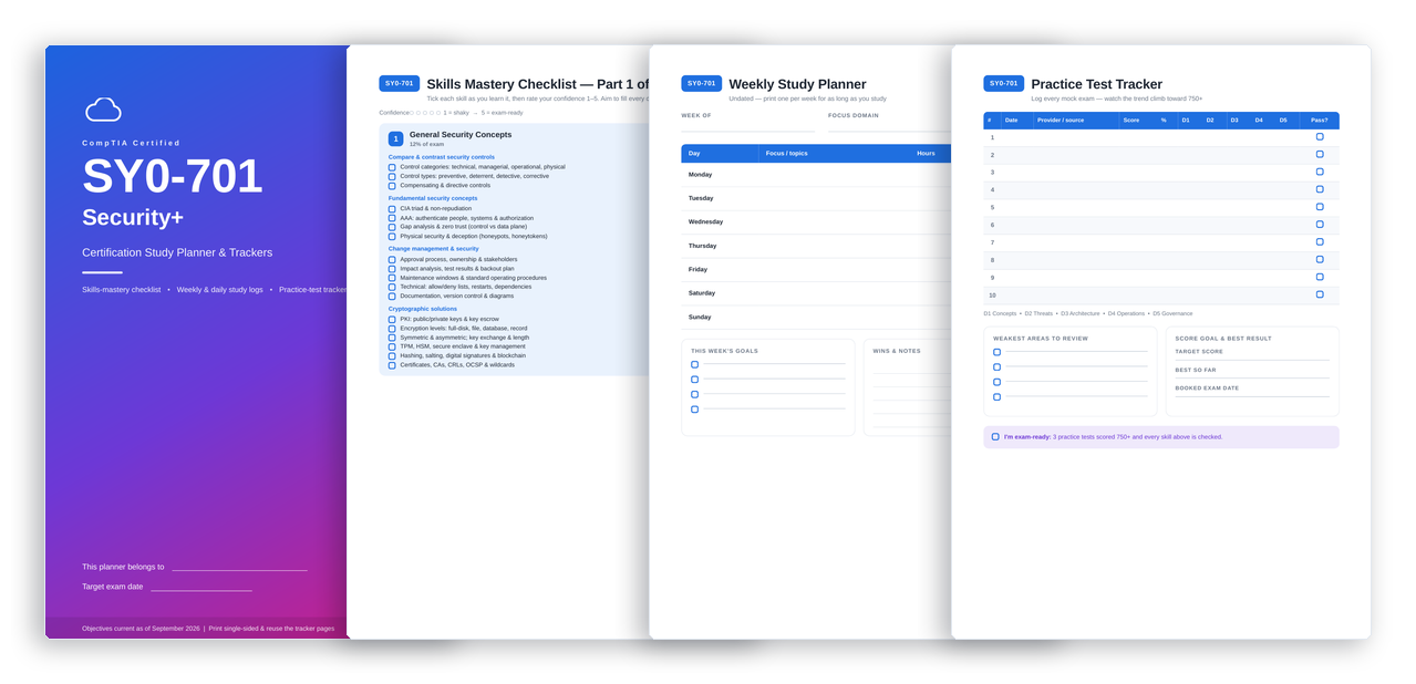 Security+ SY0-701 study planner pages: cover, skills mastery checklist, weekly study planner and practice test tracker