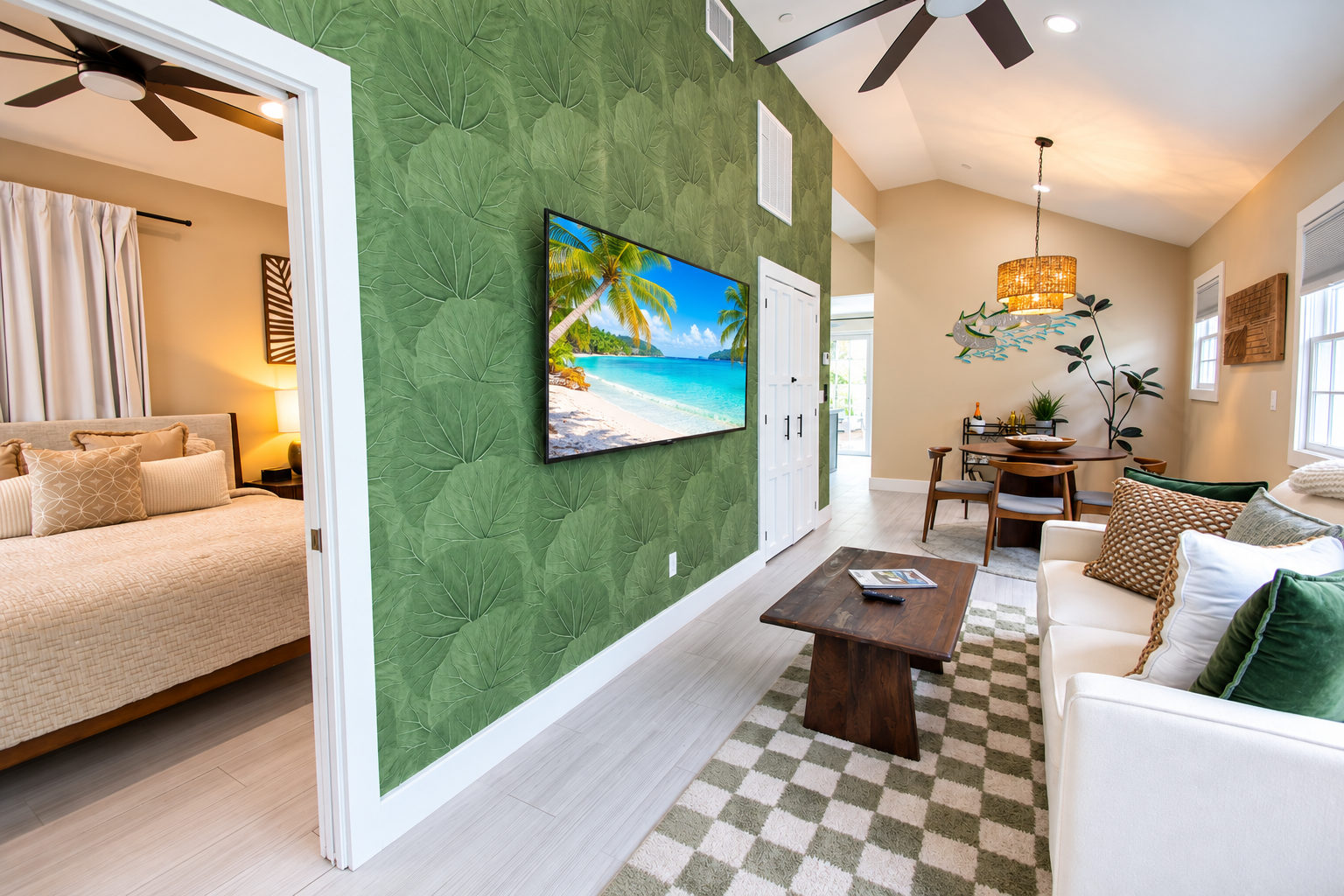 A wide view of a suite with a living area, dining area, and bedroom visible through a doorway.