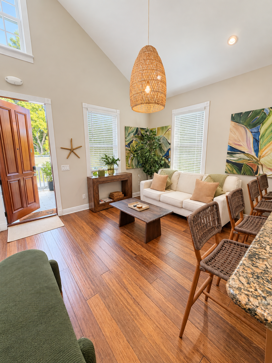 Living area at Tortugas Harbor with current coastal furnishings
