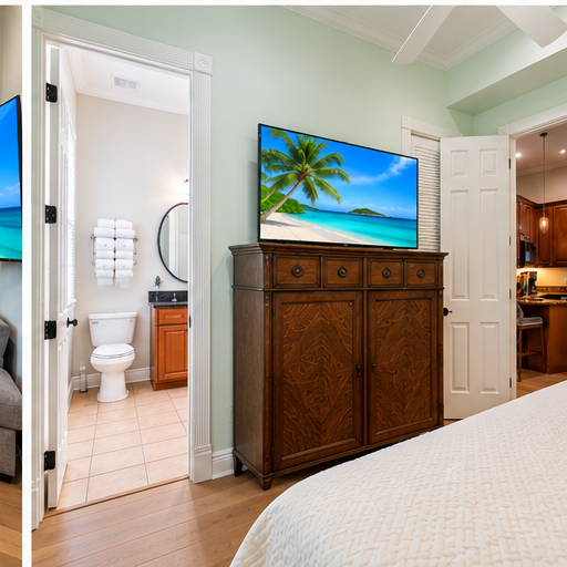 A suite with a large bed, TV on a cabinet, an open bathroom and kitchenette.