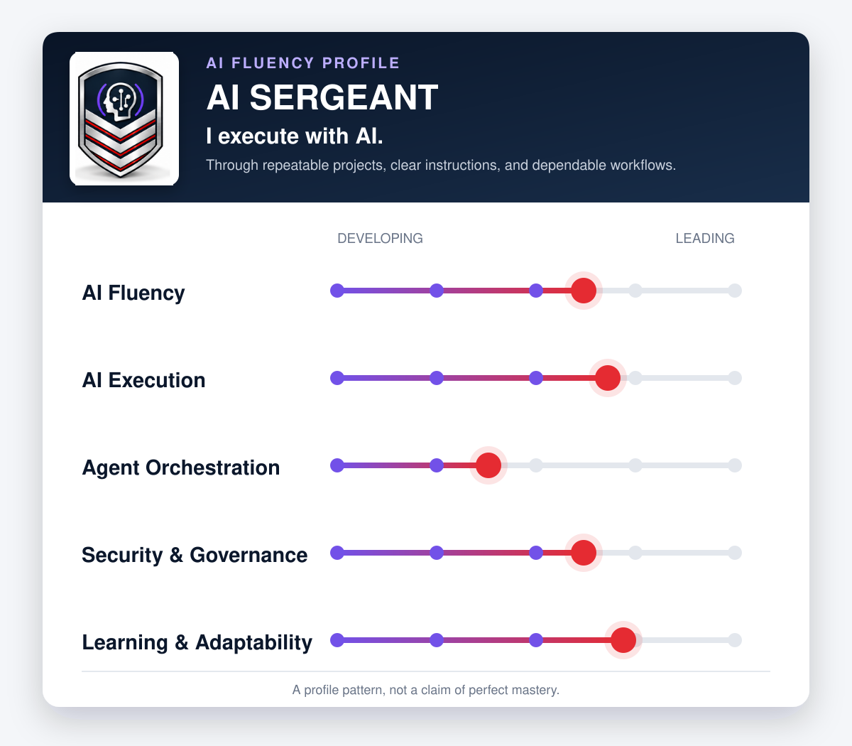 AI Sergeant canonical maturity pattern across AI Fluency, AI Execution, Agent Orchestration, Security and Governance, and Learning and Adaptability. A profile pattern, not a claim of perfect mastery.