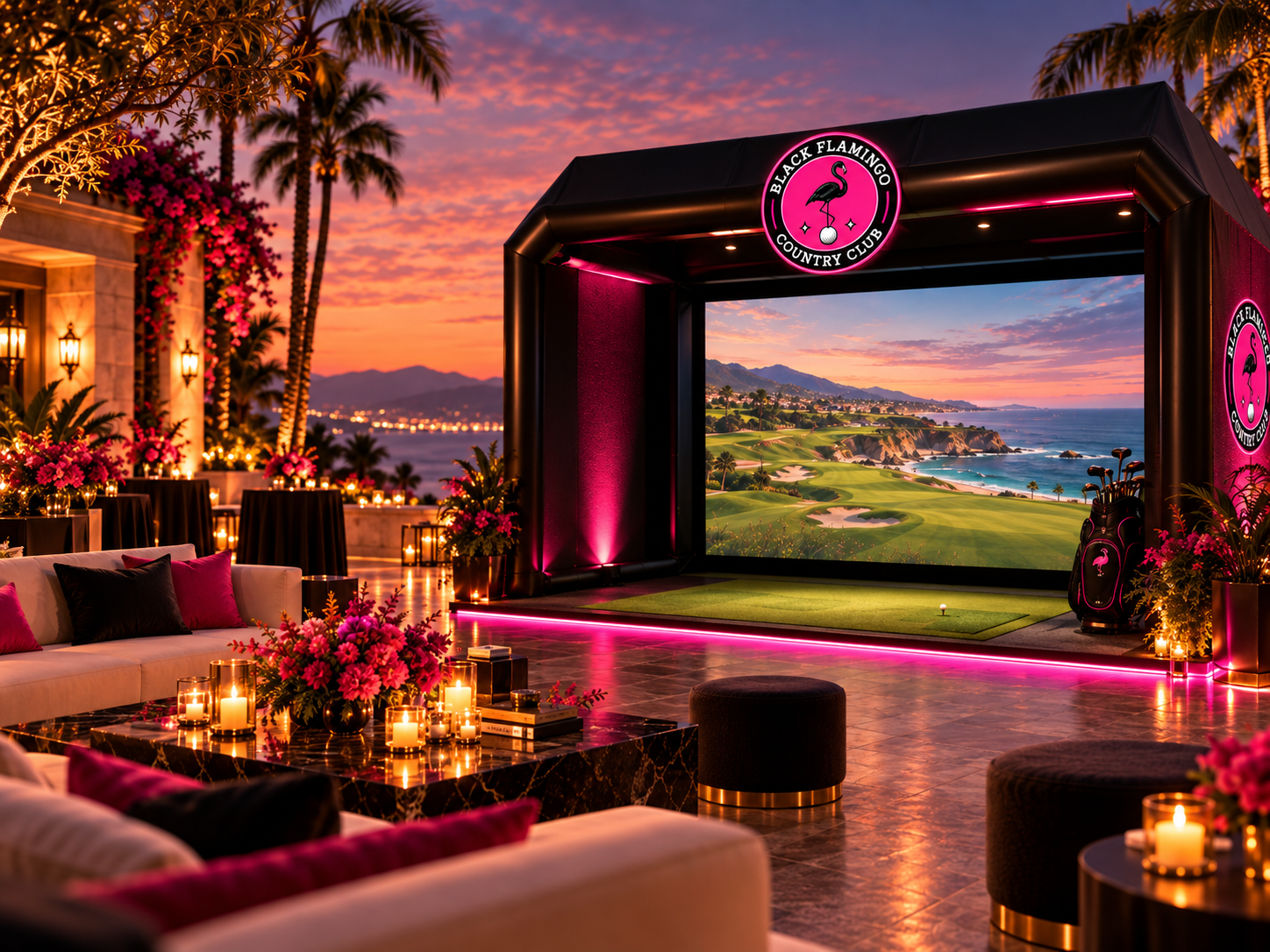 Black Flamingo mobile golf simulator enclosure
