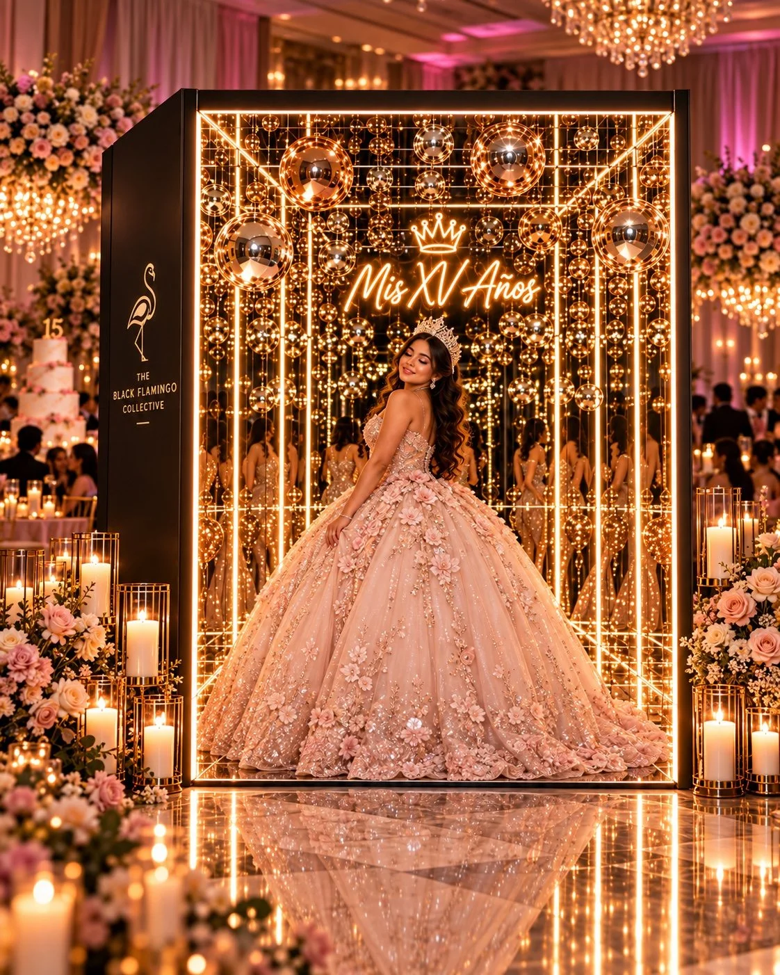 Pink quinceañera gown in the Black Flamingo Infinity Room with Mis XV Años neon