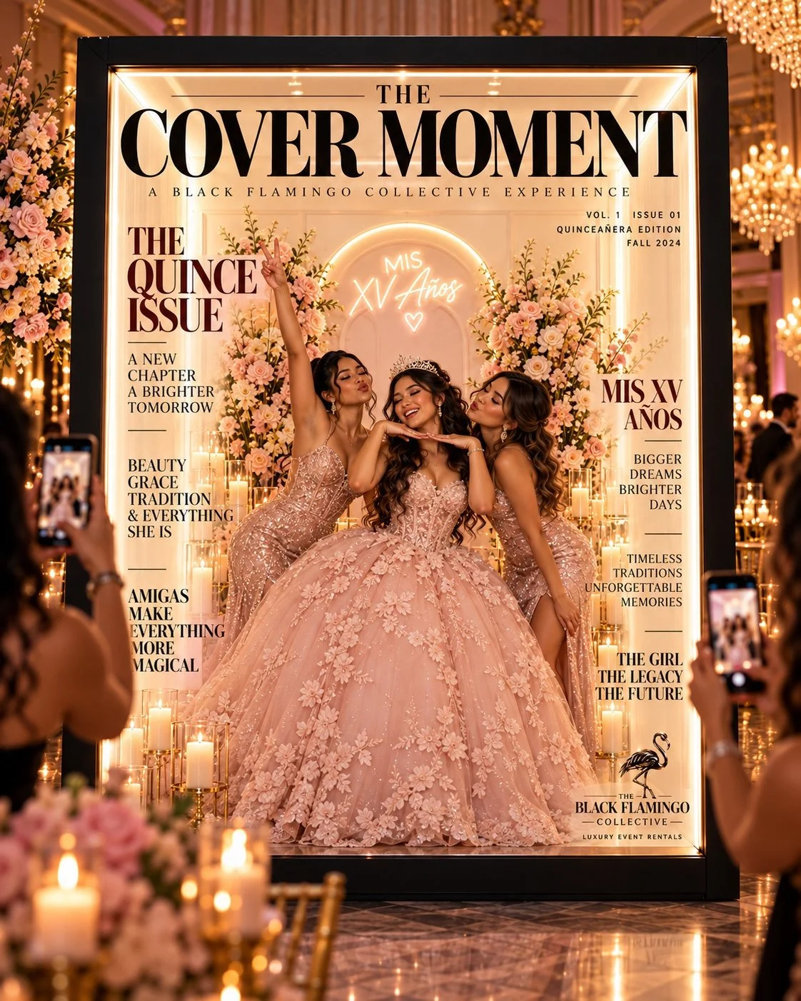 Quinceañera and friends posing in the Cover Moment magazine photo experience