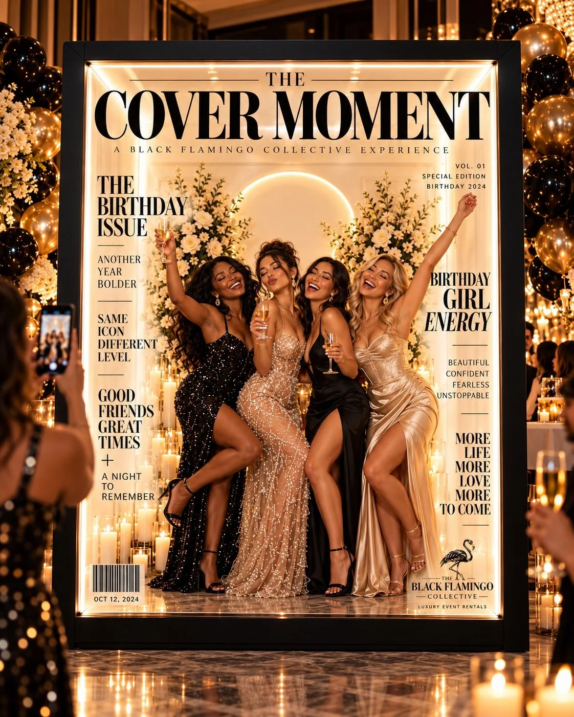 Birthday guests posing in the Black Flamingo Cover Moment magazine experience