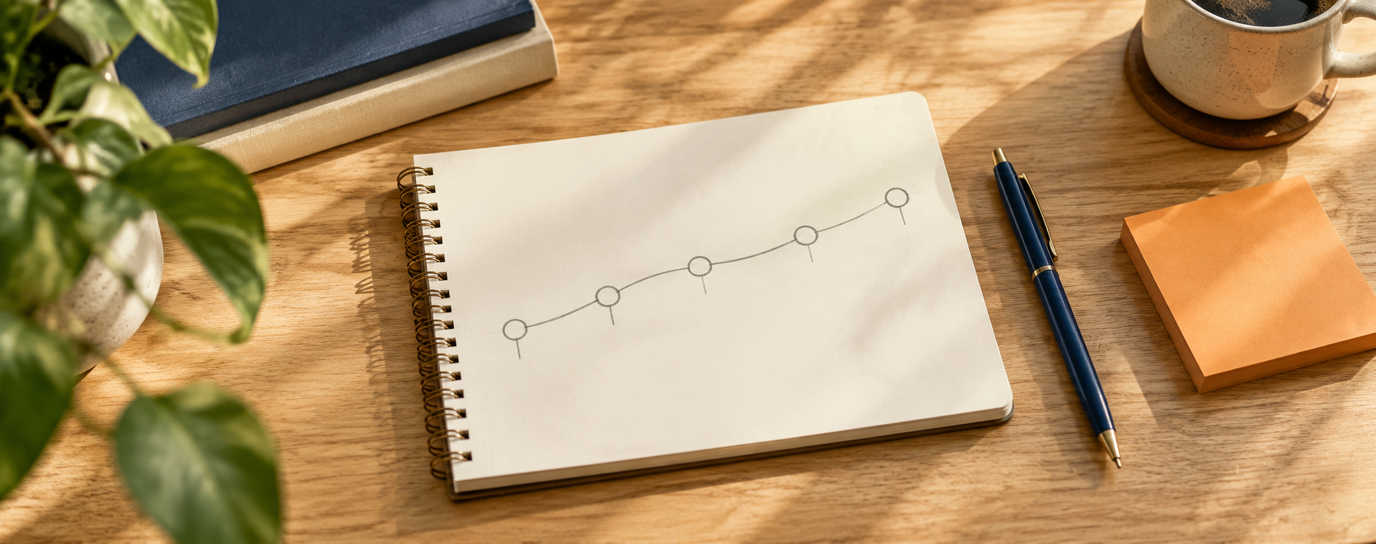 A notebook with five planning milestones, a navy pen, and orange notes on a sunlit desk