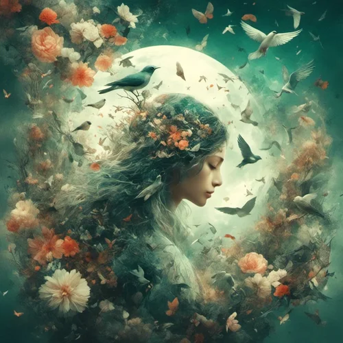 Franita’s floral portrait artwork with a woman, birds and flowers