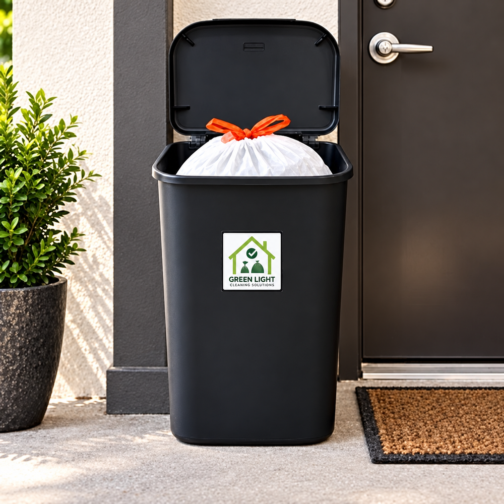 Green Light bin with a tied bag placed outside an apartment door
