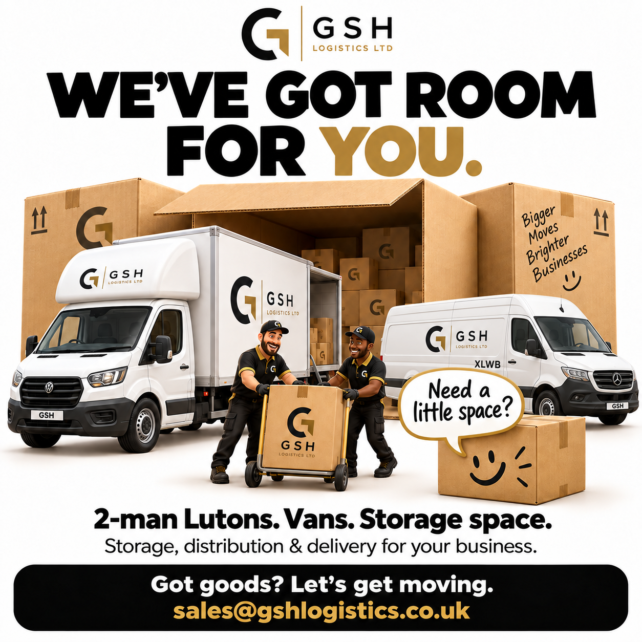Illustration of GSH Logistics workers, Luton, Sprinter and storage boxes