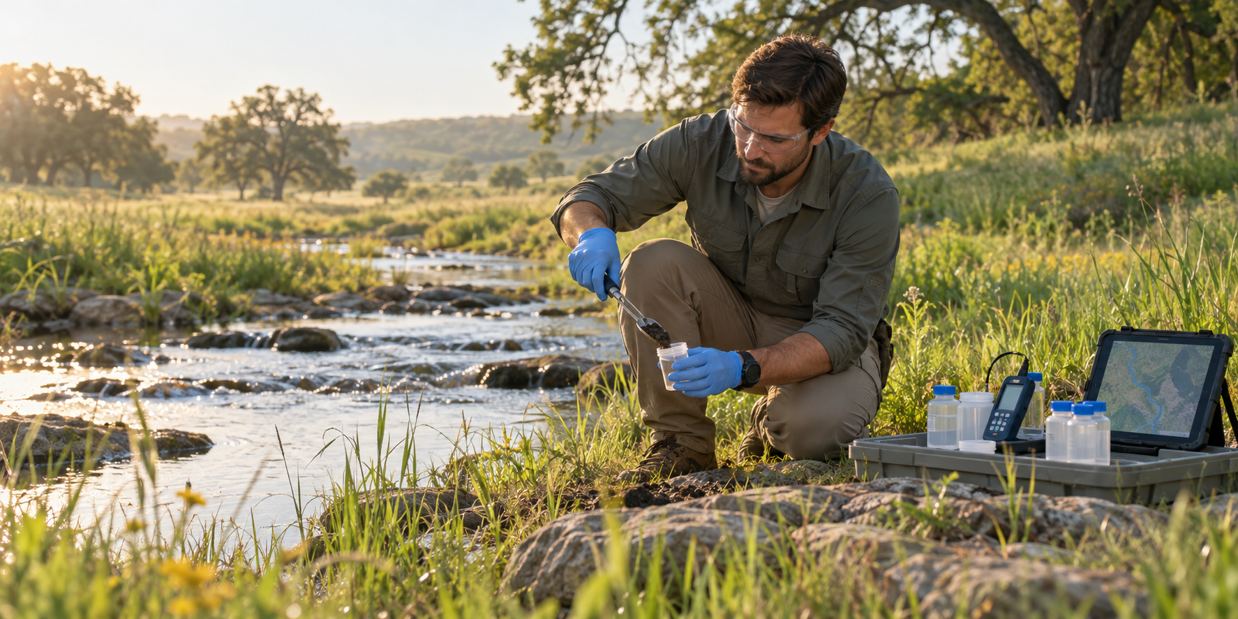 AI-generated conceptual image of an environmental scientist collecting soil samples beside a stream