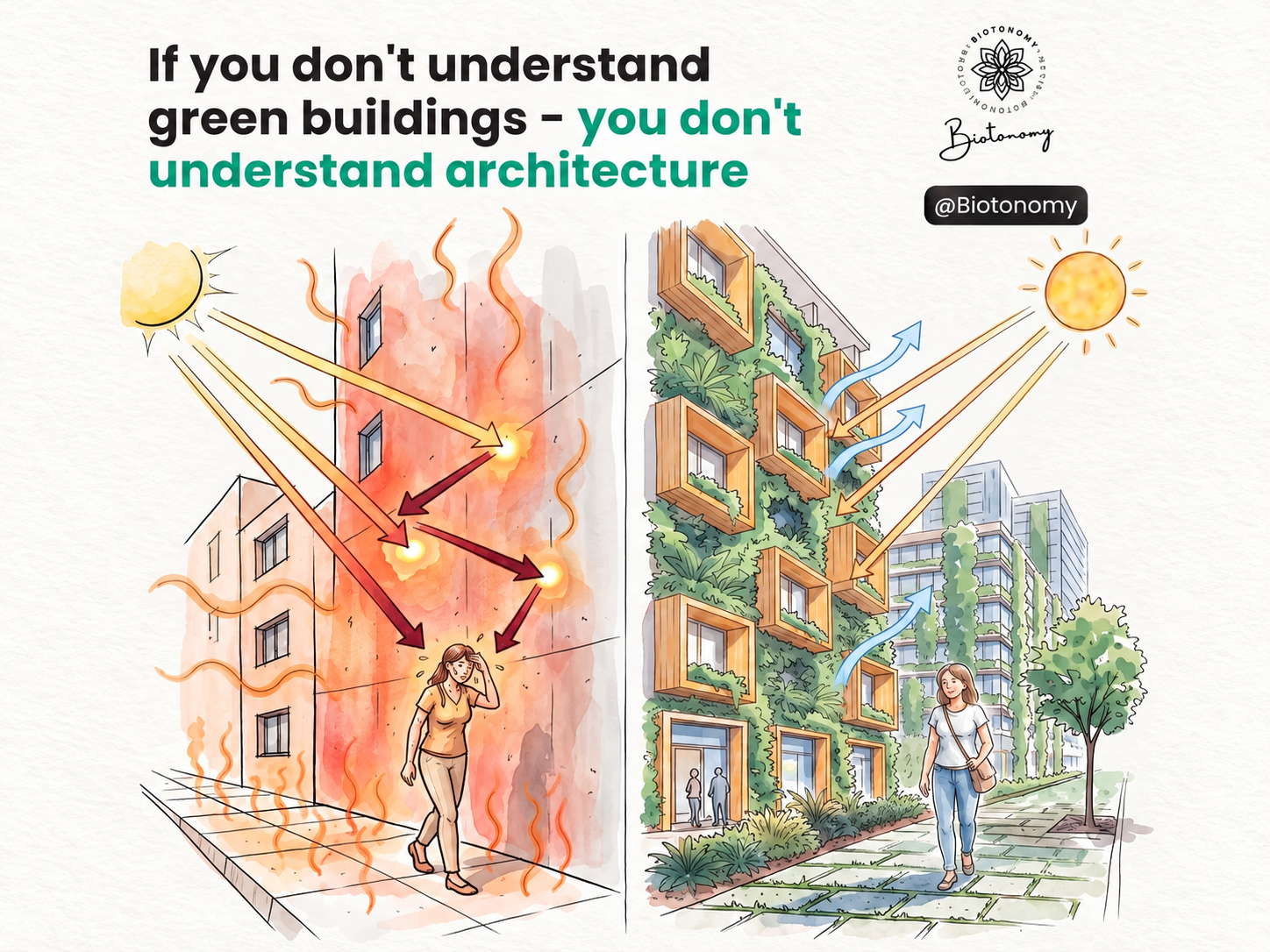 Urban heat and green buildings reference illustration