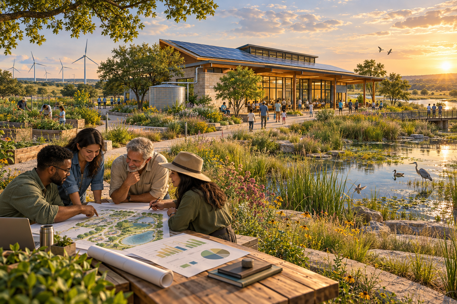 Conceptual illustration of a recreation center with solar panels and water conservation