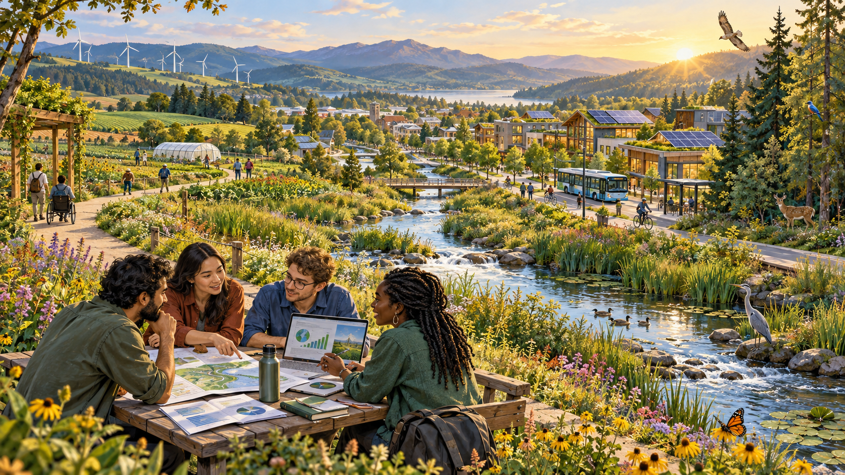 Conceptual illustration of students studying sustainability alongside ecosystems and a sustainable community