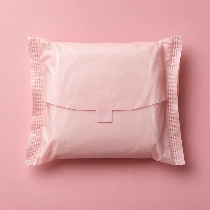 Individually wrapped personal-care pad in a pale blush wrapper. Illustrative product concept.