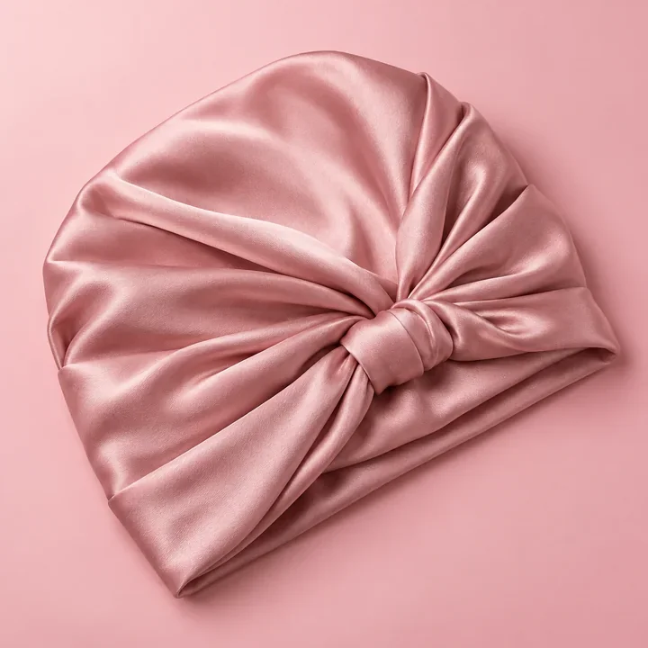 Soft rose satin hair wrap on a blush surface. Illustrative product concept.