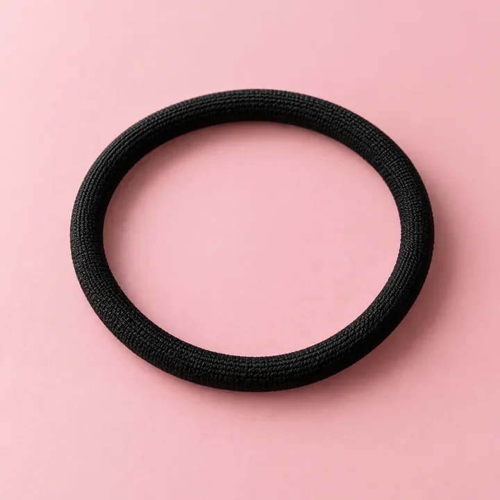 Black fabric hair tie arranged in a loop. Illustrative product concept.