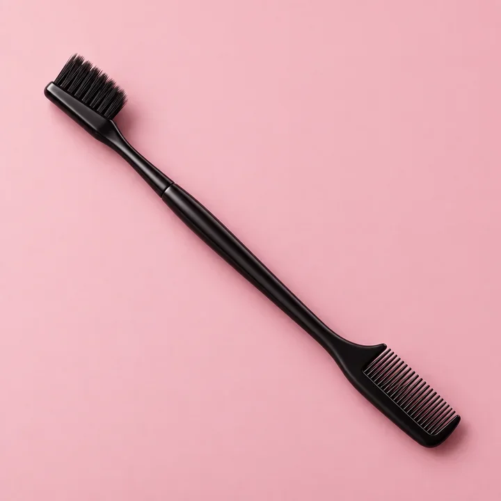 Black dual-ended edge brush on a blush surface. Illustrative product concept.