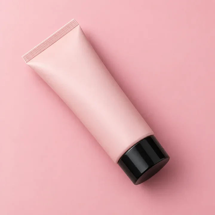 Unbranded blush lotion tube with a black cap. Illustrative product concept.