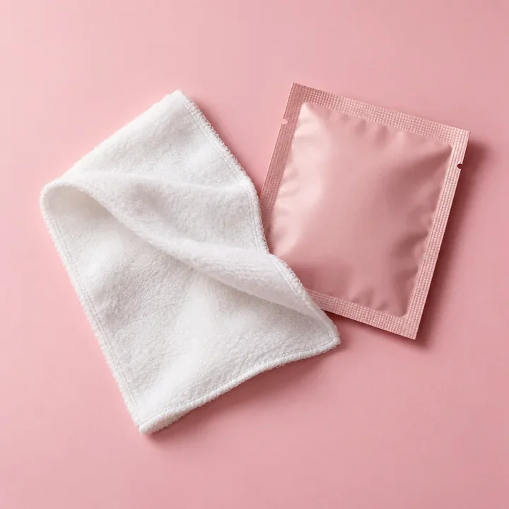 Soft white makeup wipe beside a blank blush wrapper. Illustrative product concept.
