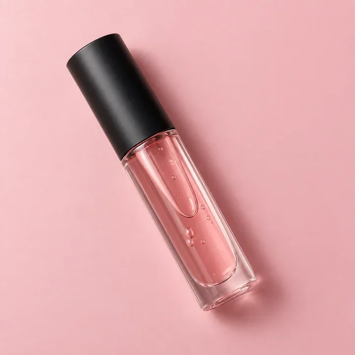 Unbranded clear lip oil tube with a matte black cap. Illustrative product concept.