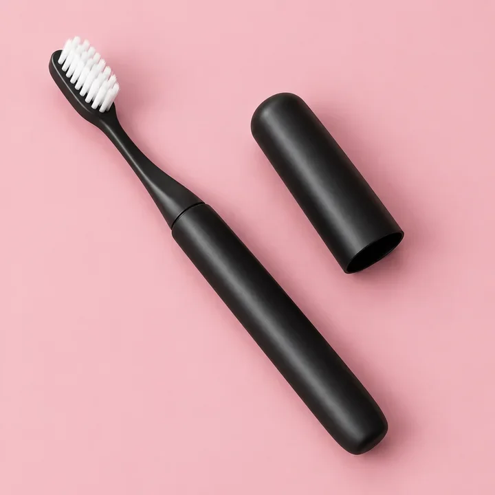 Compact black travel toothbrush with its protective cap. Illustrative product concept.