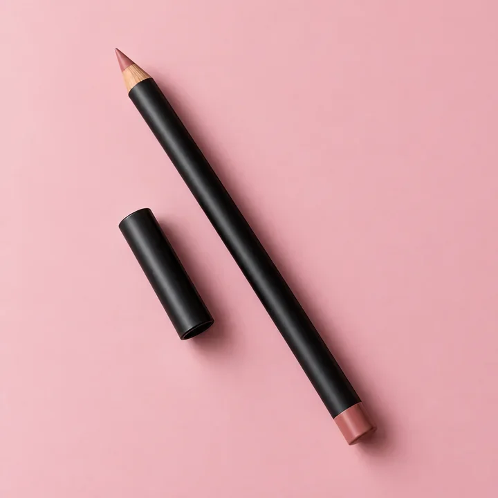 Black lip liner pencil with a rose tip and matching cap. Illustrative product concept.