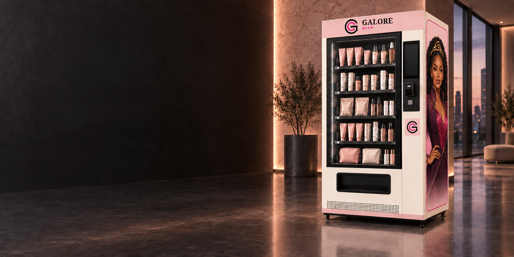 Cream Galore Glam machine wrap concept with the Muse on the side panel, a header logo and a double-G emblem on the front, presented in a refined lobby.