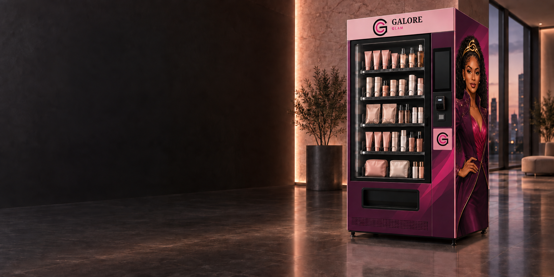 Raspberry Galore Glam machine wrap concept with the Muse on the side panel, a header logo and a double-G emblem on the front; merchandise and payment areas remain clear.