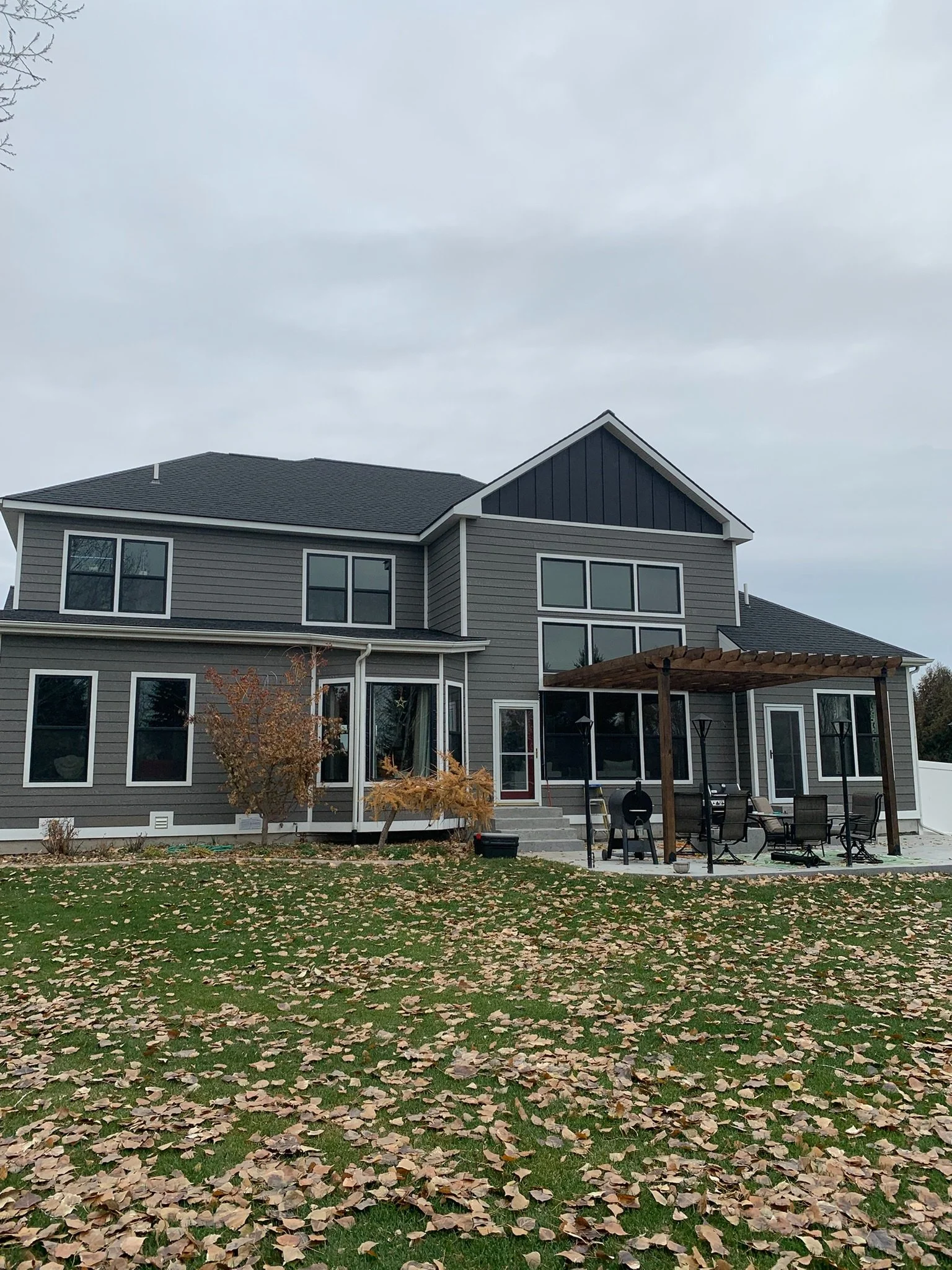 Home exterior with finished siding