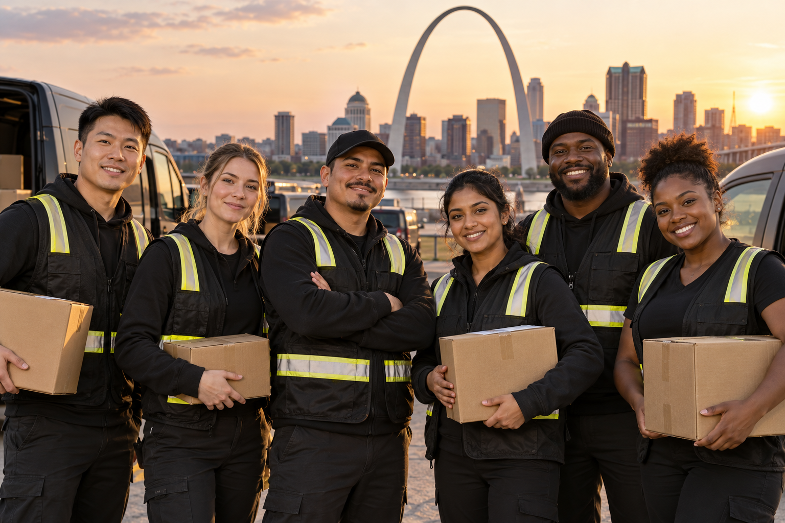A diverse group of six couriers in unbranded delivery vests holding parcels with the Saint Louis skyline behind them