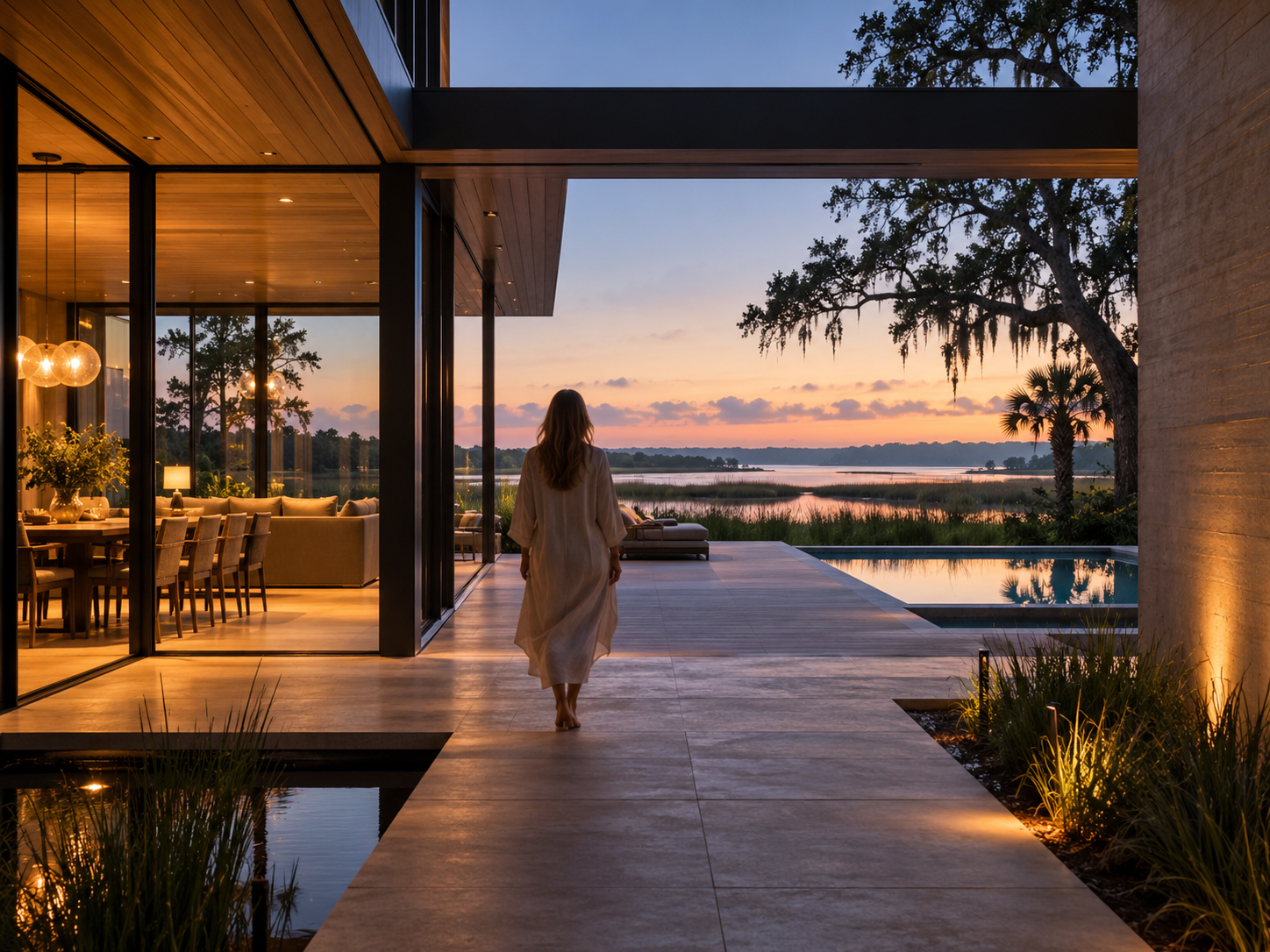 Modern Lowcountry architecture at dusk