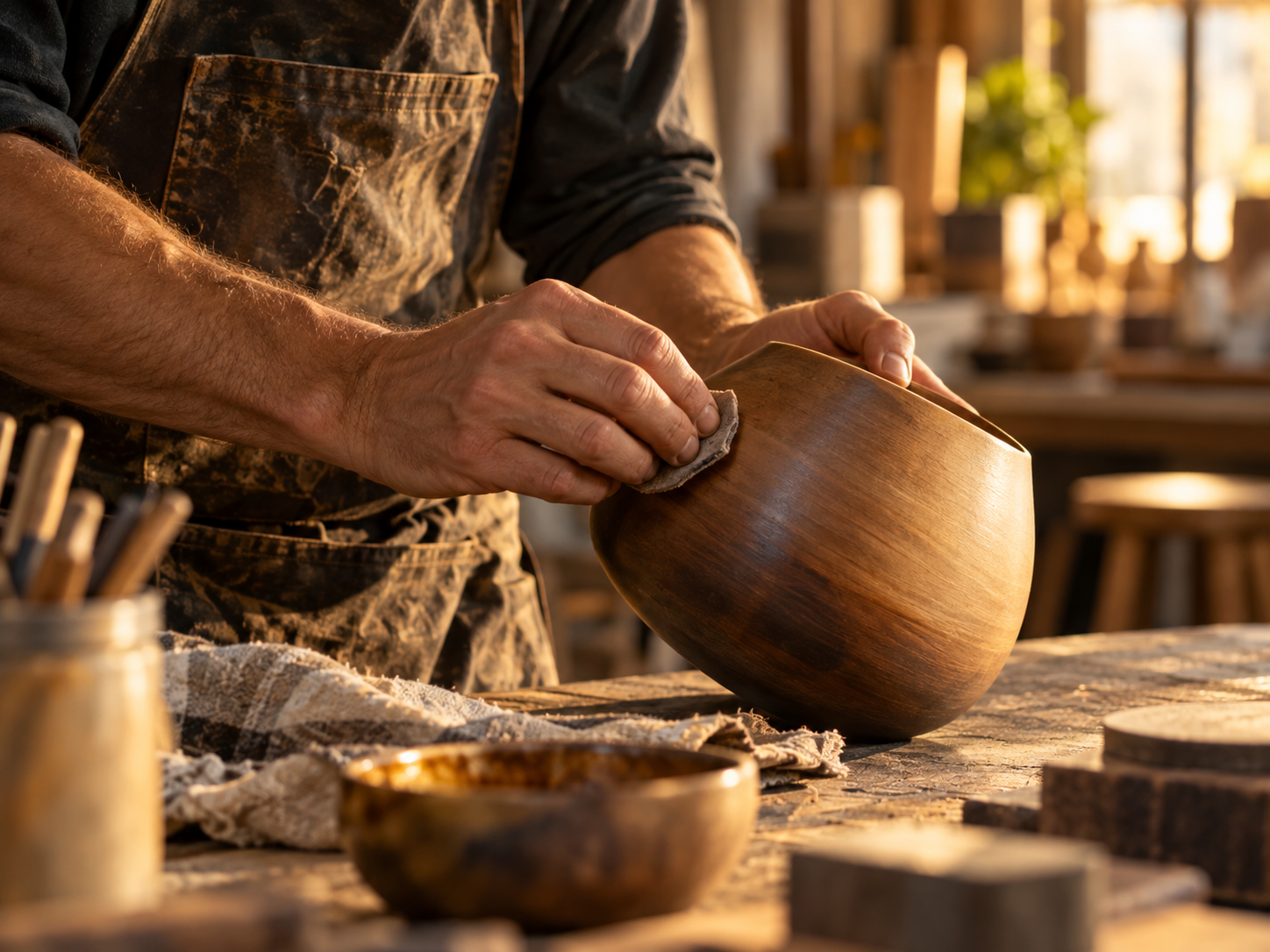 Hands shaping a crafted object in warm studio light