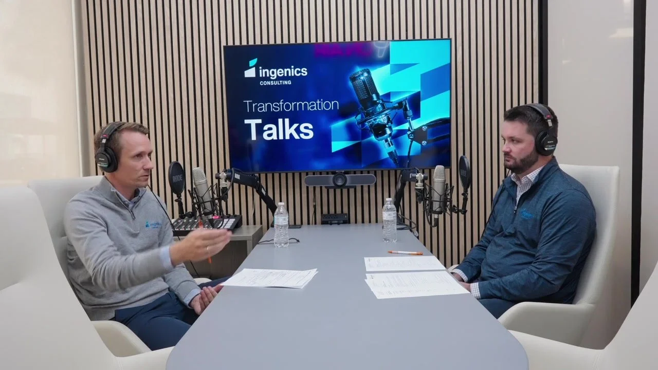 Two speakers recording Ingenics’ long-form podcast in a professional studio