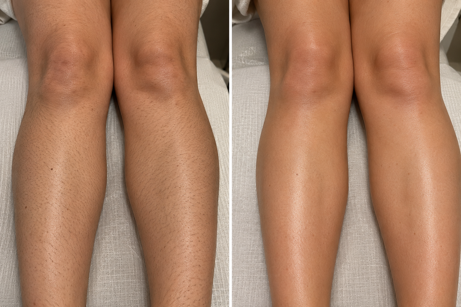 Before and after Splendor X laser hair removal on the legs, real client result