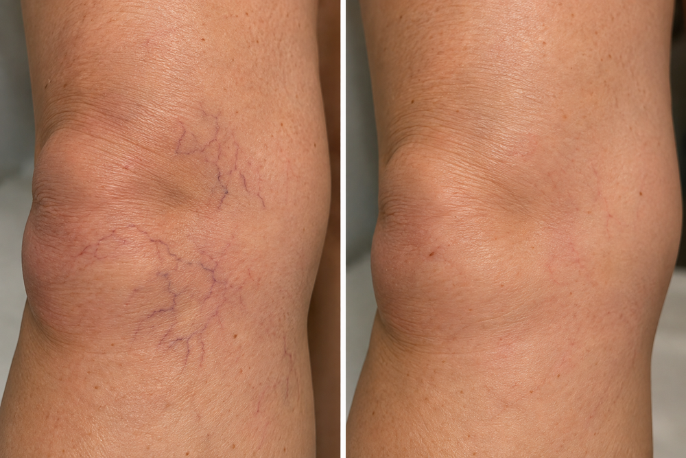 Before and after spider vein removal, real client result