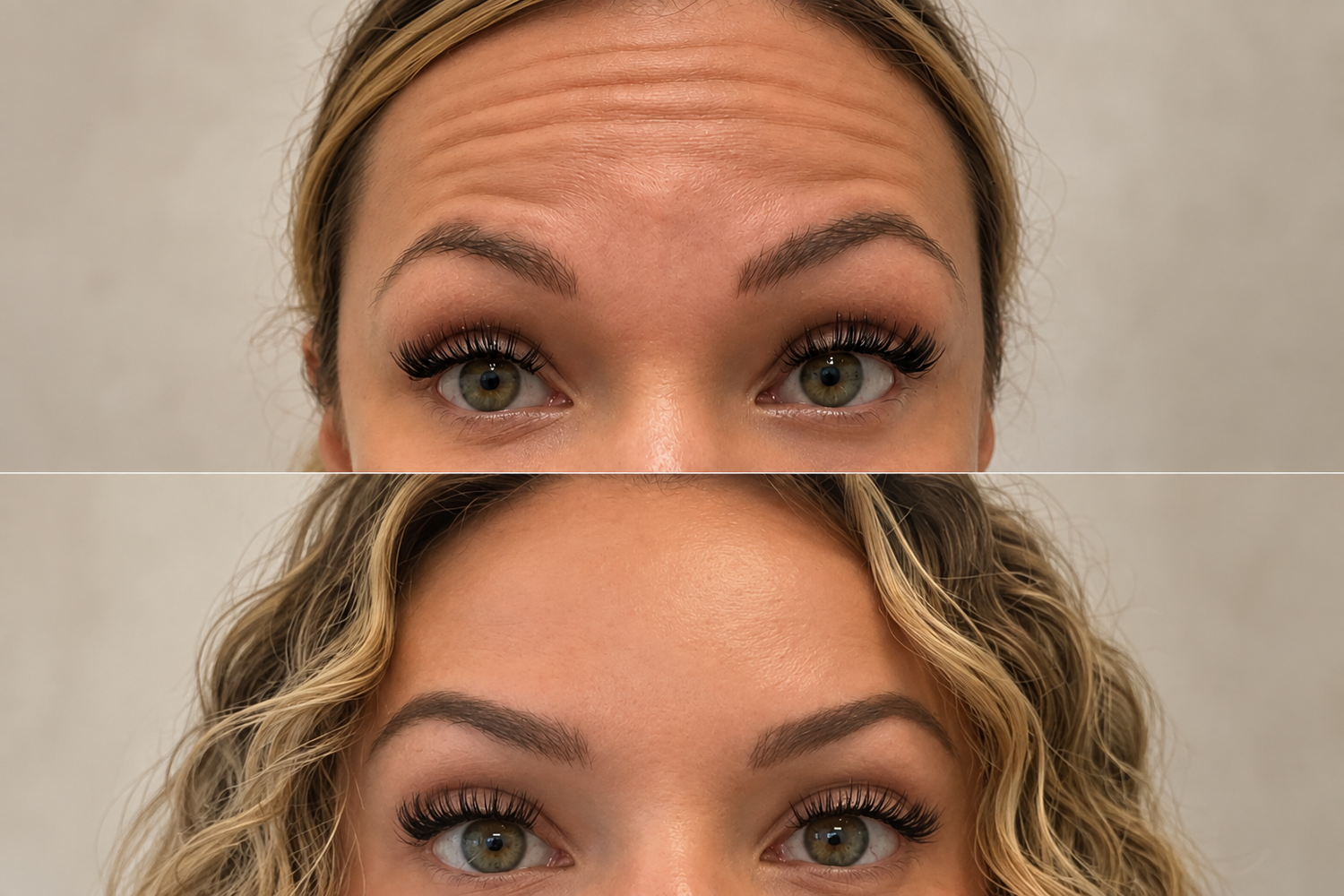 Before and after Botox treatment of forehead lines, real client result
