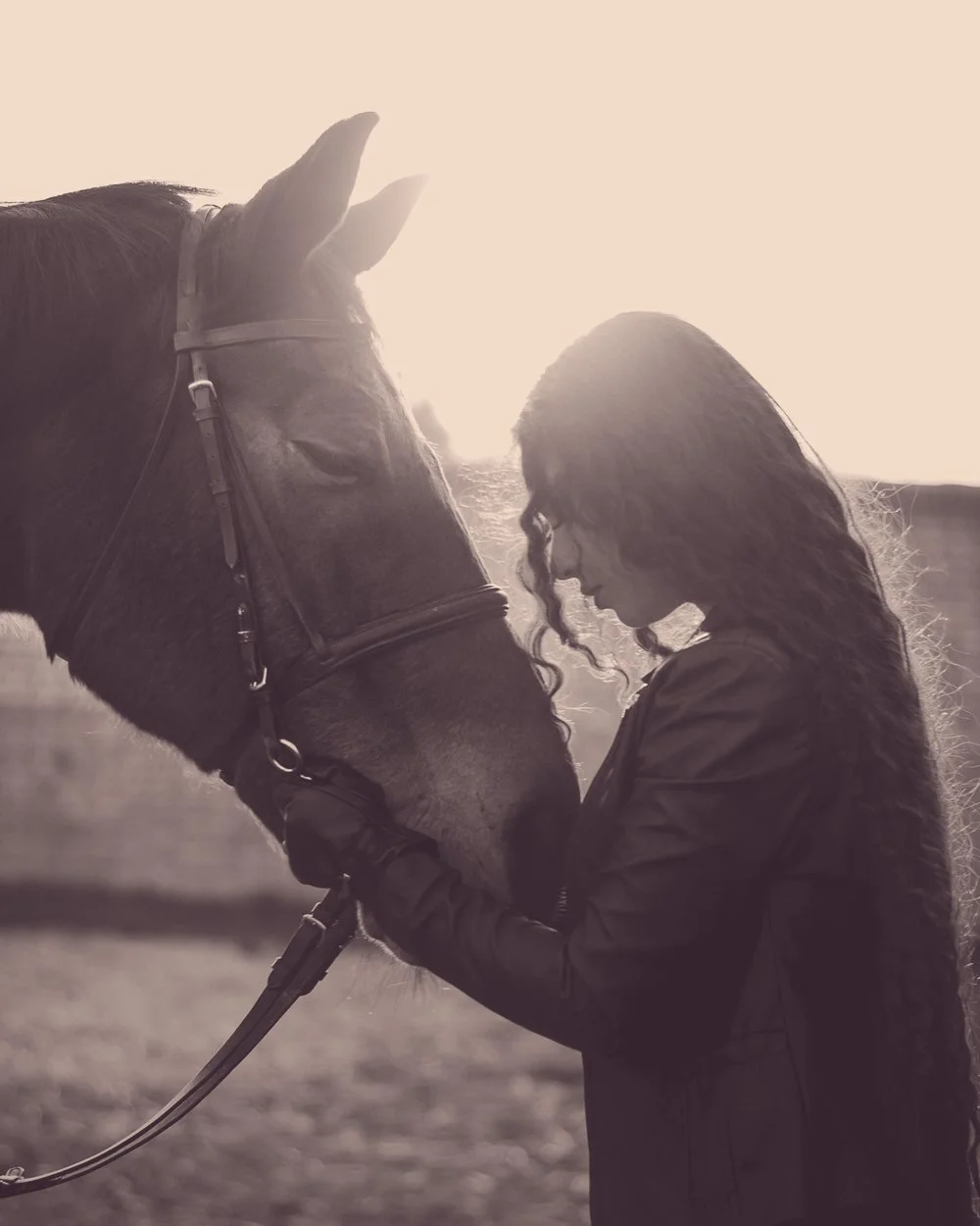A woman resting her head against a horse in golden light