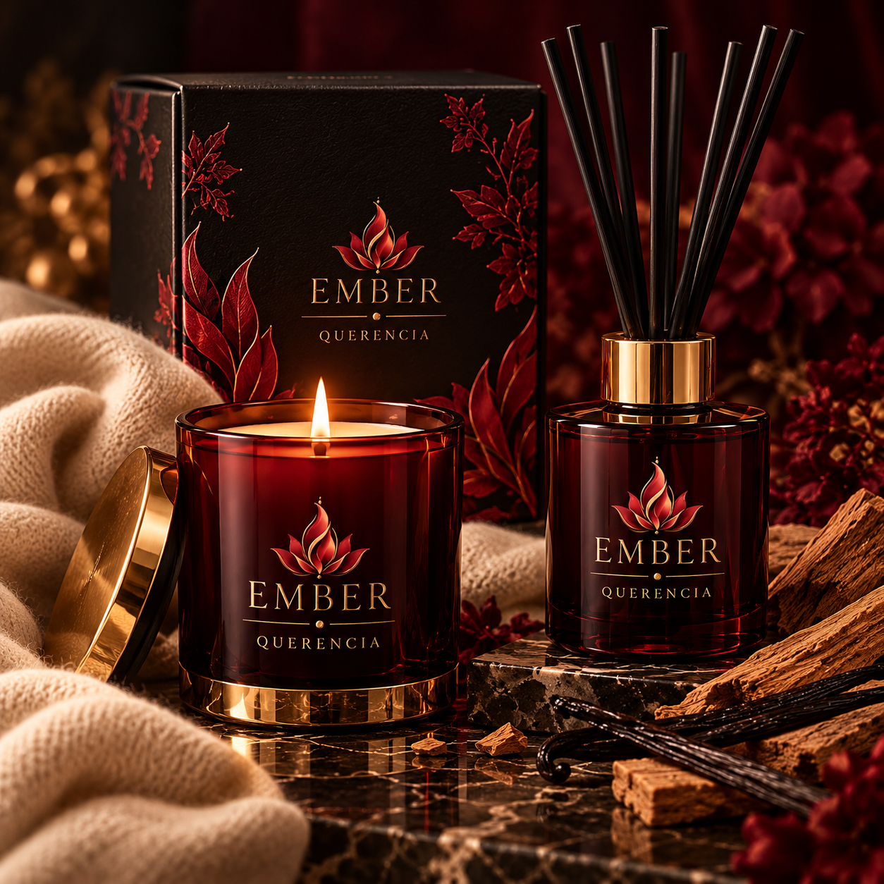 Querencia candle and reed diffuser concept in Ember burgundy, black, and gold styling